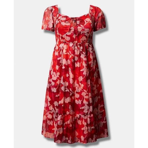 Torrid Midi Pink Floral Lace Up Smocked Dress Shady Rose 4 4X 26 Boho Tea Party - Picture 2 of 14